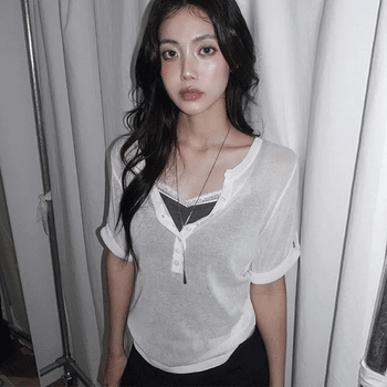 Baren Roll-up Henley Neck Loose Fit Sheer 3/4 Sleeve Knit