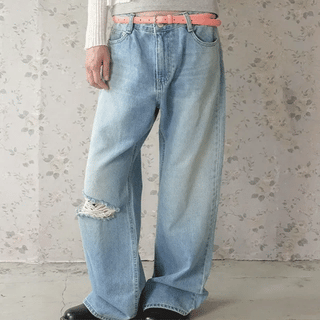 Nerova Damaged Mid-Rise Wide Denim Pants