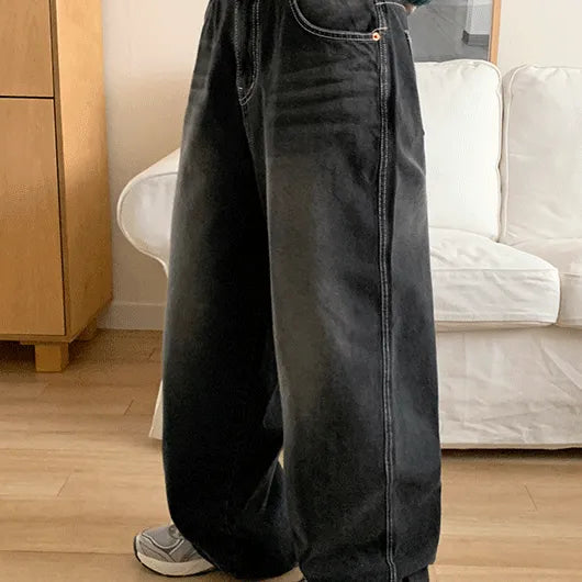 Slit Stitch Washed Denim Wide Pants