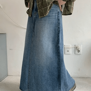 Tomoni Vintage Washed Denim Long Skirt