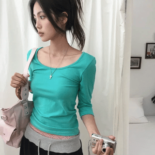 Jeruan Button Standard Cotton Round Neck 3/4 Sleeve T-shirt