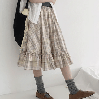 Mayfarm Layered Check Frill Midi Skirt