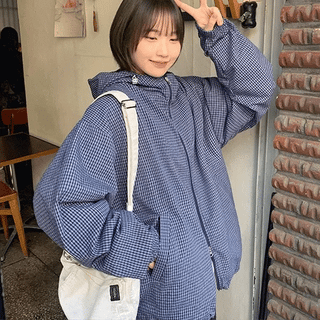 Tedeki Two-Way Check String Oversized Zip-Up Hoodie