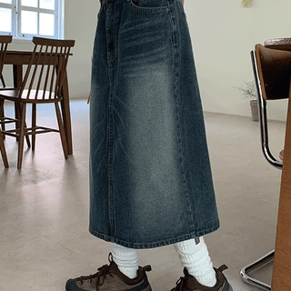 Melik Cat Wash Denim Midi Skirt