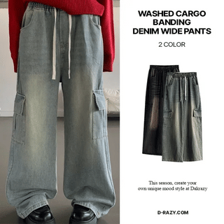 Washed Cargo Elastic Denim Wide Pants