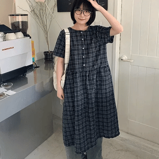 Yunni Check Button Short Sleeve Long Dress