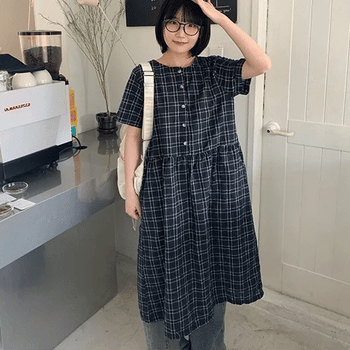 Yunni Check Button Short Sleeve Long Dress