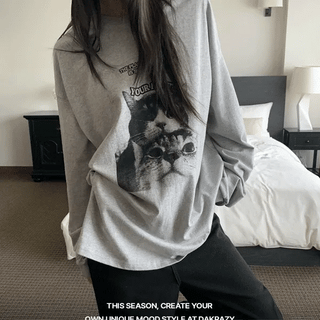 Vintage Cat Print Oversized Long Sleeve T-shirt