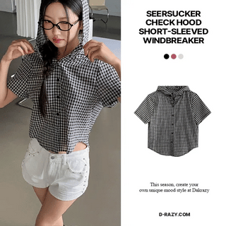 Seersucker check hooded short-sleeve windbreaker