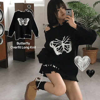 Butterfly Damaged Oversized Long Knit Dress