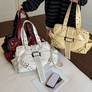 Chic Silver Studded Belted Leather Shoulder Bag / Hobo Bag Leather Bag Vintage Bag Belt Bag