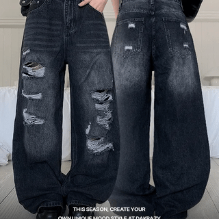 Way Damaged Wash Wide Denim Pants