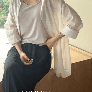 Choux Cream Summer Sleeveless Seethrough Shirt Set