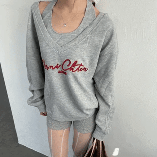 Lettering Waffle Inner Sleeveless Hoodie Layered Set
