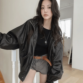 Moser High-neck Button Oversized Leather Jacket