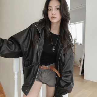 Moser High-neck Button Oversized Leather Jacket