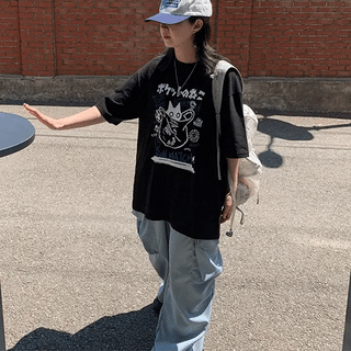 Minai Cat Print Oversized Short Sleeve Tee