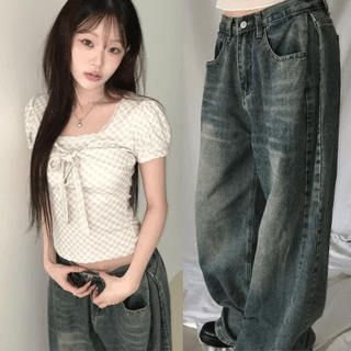 Poning Washed Side Pintuck Denim Pants