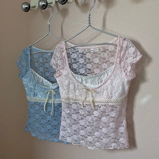 Lace Flare Shirred Long Sleeveless Top  / Delicate Fit Mori Girl Pinterest Look Y2K Summer Cap Sleeve Short Sleeve Layered T-shirt Daily Sleeveless