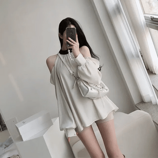 Blanc Shirred Off-Shoulder Blouse / Mini Chiffon Dress Delicate Fit Loose Fit Spring Clothes