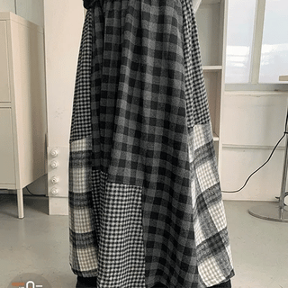 Czech Elastic Peach Brushed Check Long Skirt