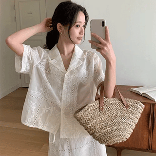 Bodia Punched Lace Collar Short Sleeve Shirt