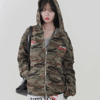 camo eyelet hooded zip-up
