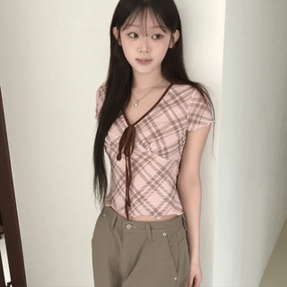 Yuke Check Short Sleeve Ribbon Top