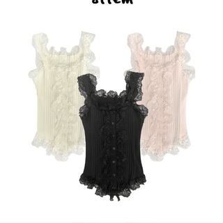 Lace Flare Shirred Long Sleeveless Top  / Delicate Fit Mori Girl Pinterest Look Y2K Summer Cap Sleeve Short Sleeve Layered T-shirt Daily Sleeveless