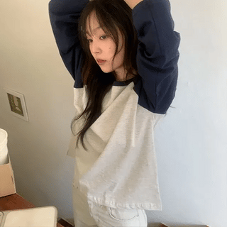 Irina Summer Silky Loose Fit Raglan Color Block Long Sleeve Tee