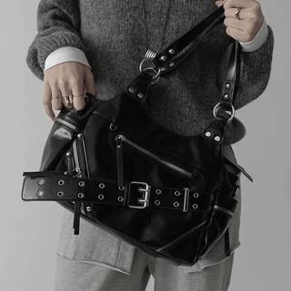 Chic Silver Studded Belted Leather Shoulder Bag / Hobo Bag Leather Bag Vintage Bag Belt Bag