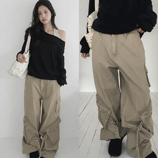 Tape Vintage Washed Buckle Wide Cotton Cargo Pants