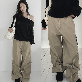 Tape Vintage Washed Buckle Wide Cotton Cargo Pants