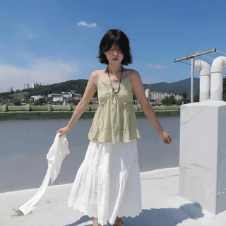 Jeju Island Outfit* Pomel Frill Sleeveless Blouse