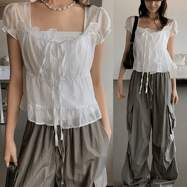 Delicate See-through Shirred Frill Blouse