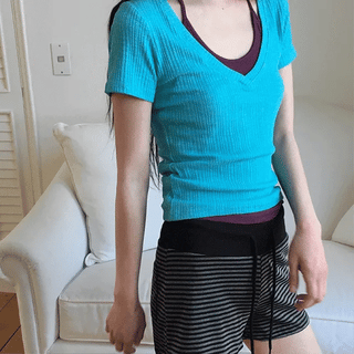 Loha Deep V-Neck Slim Fit Layered Ribbed Short Sleeve T-Shirt