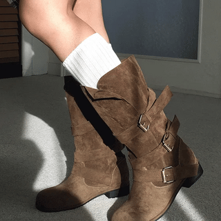 Suede buckle mid-calf boots