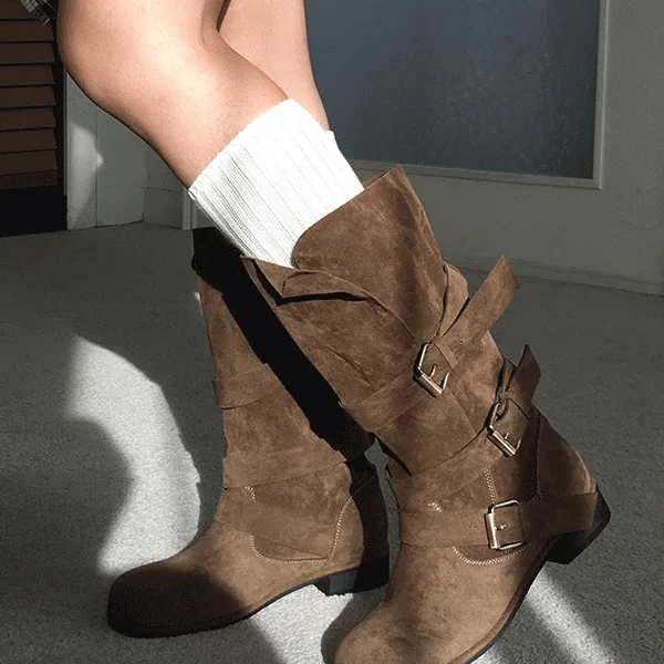 Suede buckle mid-calf boots