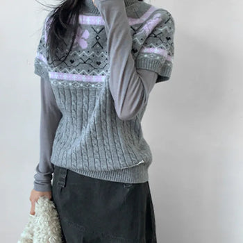 Piats Snowflake Cable Knit Short Sleeve Turtleneck