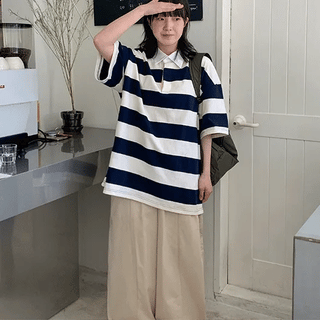 Shooky Stripe Collared Oversized Short Sleeve Tee