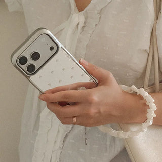 [Set] Small Ribbon Pattern Mirror Silver Bumper Phone Case + Strap