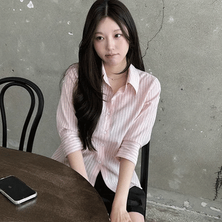 Fudge Rolled-up 3/4 Sleeve Striped Shirt