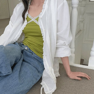 Heribin Frill Loose Fit Long Sleeve Blouse