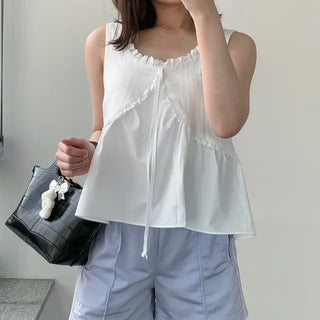Dinu Lace Embroidered Frill Sleeveless Blouse