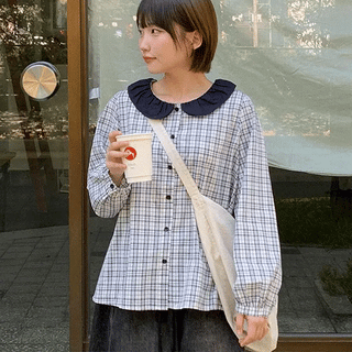 Peritton Round Collar Check Long Sleeve Blouse