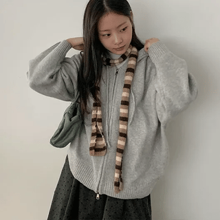 Giten Color Wool Hooded Zip-Up Knit Cardigan