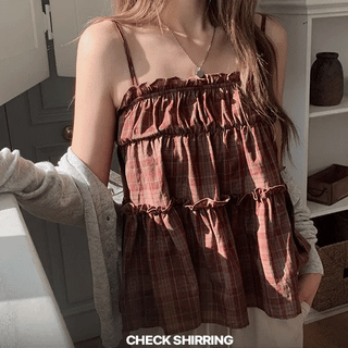 Checked Shirred Flare Sleeveless Blouse