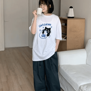 Kuyami Cat Print Oversized Short Sleeve Tee