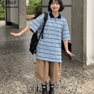 Aens Striped Rugby Collared Short Sleeve Tee