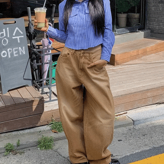 Ray Cat Washed Ribbed Wide Cotton Pants